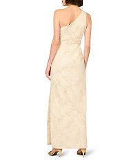 Aidan Mattox One Shoulder Bow Waist Stretch Jacquard Column Gown