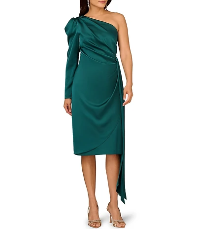 Aidan Mattox One Shoulder Wrap Satin Midi Dress