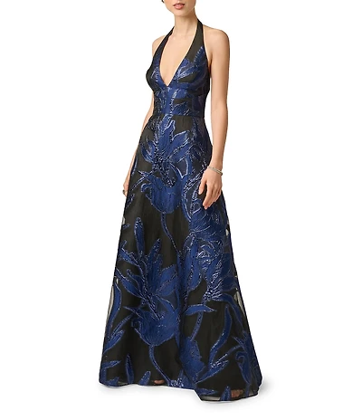 Aidan Mattox Organza Jacquard Burnout Print Halter With Plunging Neck Sleeveless Gown