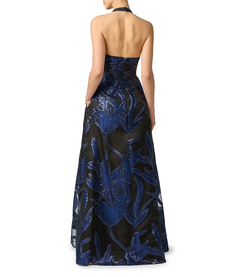 Aidan Mattox Organza Jacquard Burnout Print Halter With Plunging Neck Sleeveless Gown