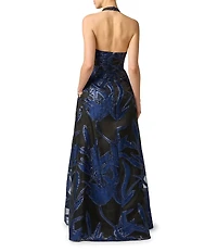 Aidan Mattox Organza Jacquard Burnout Print Halter With Plunging Neck Sleeveless Gown