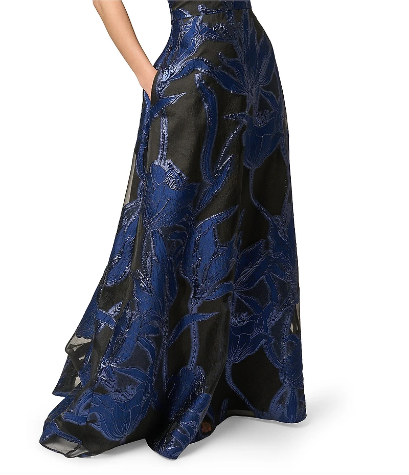Aidan Mattox Organza Jacquard Burnout Print Halter With Plunging Neck Sleeveless Gown