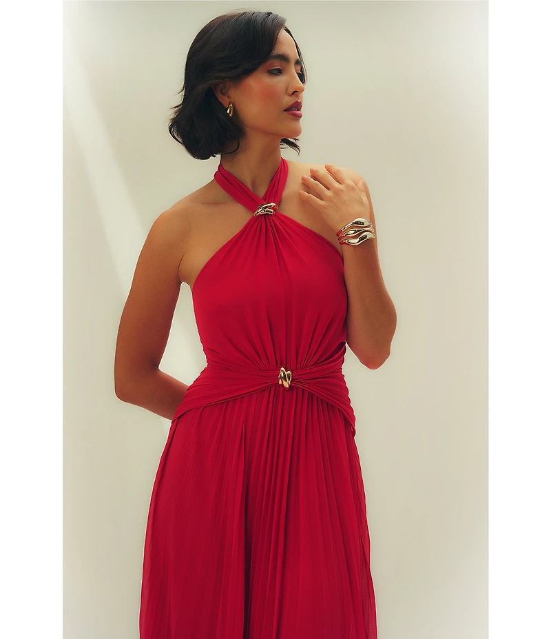 Aidan Mattox Pleated Chiffon Halter Neck Sleeveless Hardware Maxi Dress