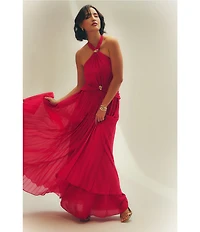 Aidan Mattox Pleated Chiffon Halter Neck Sleeveless Hardware Maxi Dress