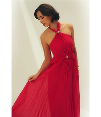 Aidan Mattox Pleated Chiffon Halter Neck Sleeveless Hardware Maxi Dress