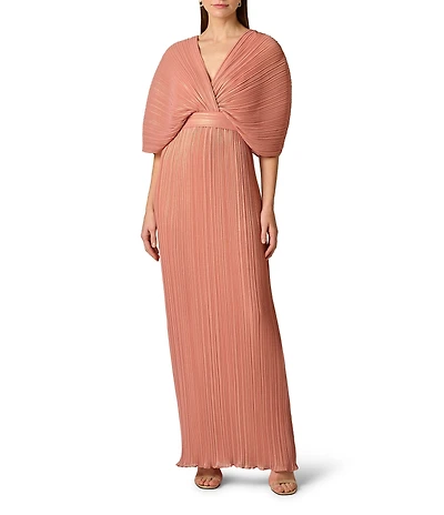 Aidan Mattox Pleated Foiled Chiffon V-Neck Dolman Sleeves Long Dress