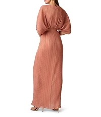 Aidan Mattox Pleated Foiled Chiffon V-Neck Dolman Sleeves Long Dress