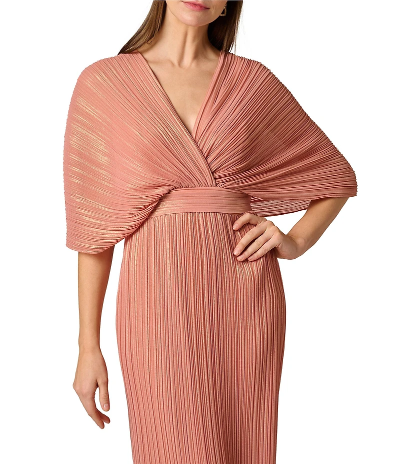 Aidan Mattox Pleated Foiled Chiffon V-Neck Dolman Sleeves Long Dress