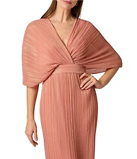 Aidan Mattox Pleated Foiled Chiffon V-Neck Dolman Sleeves Long Dress