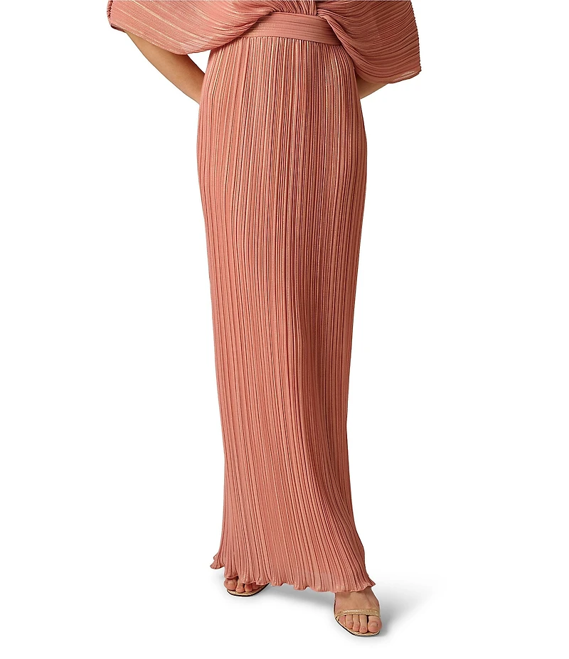 Aidan Mattox Pleated Foiled Chiffon V-Neck Dolman Sleeves Long Dress