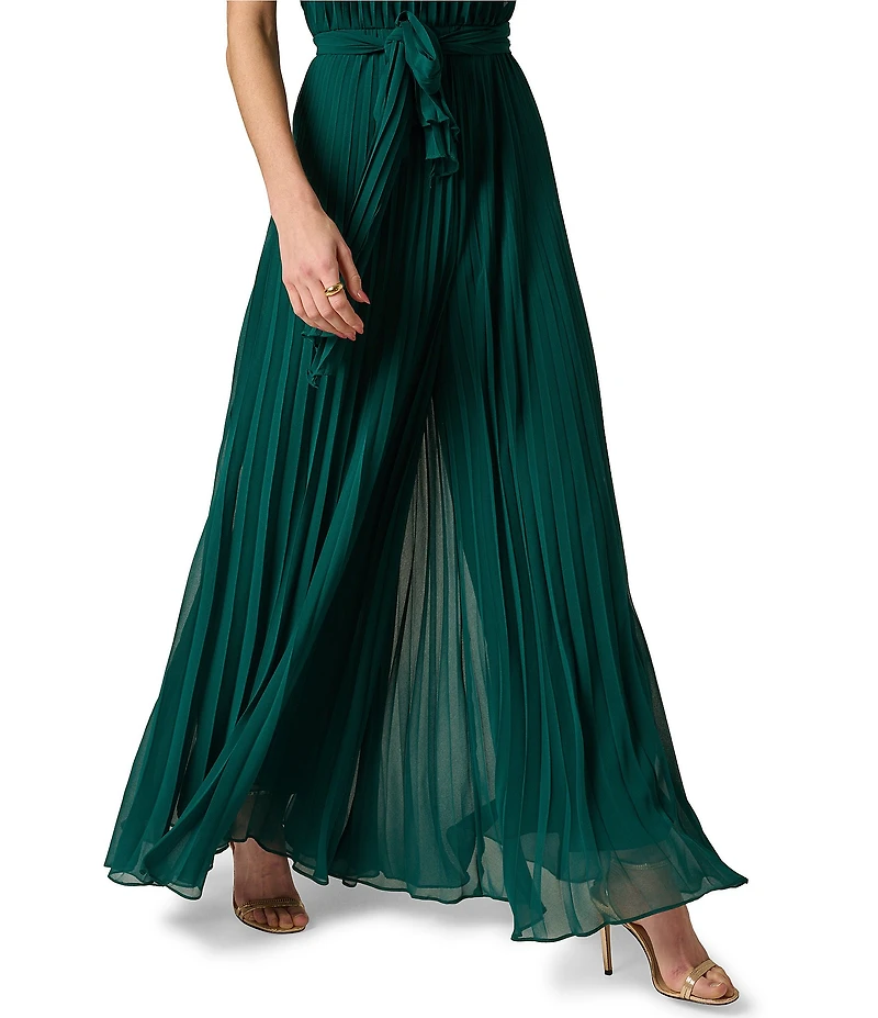 Aidan Mattox Pleated Georgette Sleeveless Wide Leg Jumpsuit