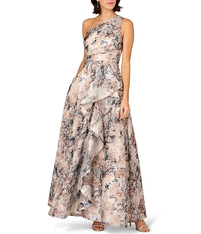 Aidan Mattox Printed Jacquard One Shoulder Long Dress