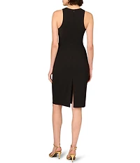 Aidan Mattox Round Neck Sleeveless Beaded Floral Crepe Sheath Dress