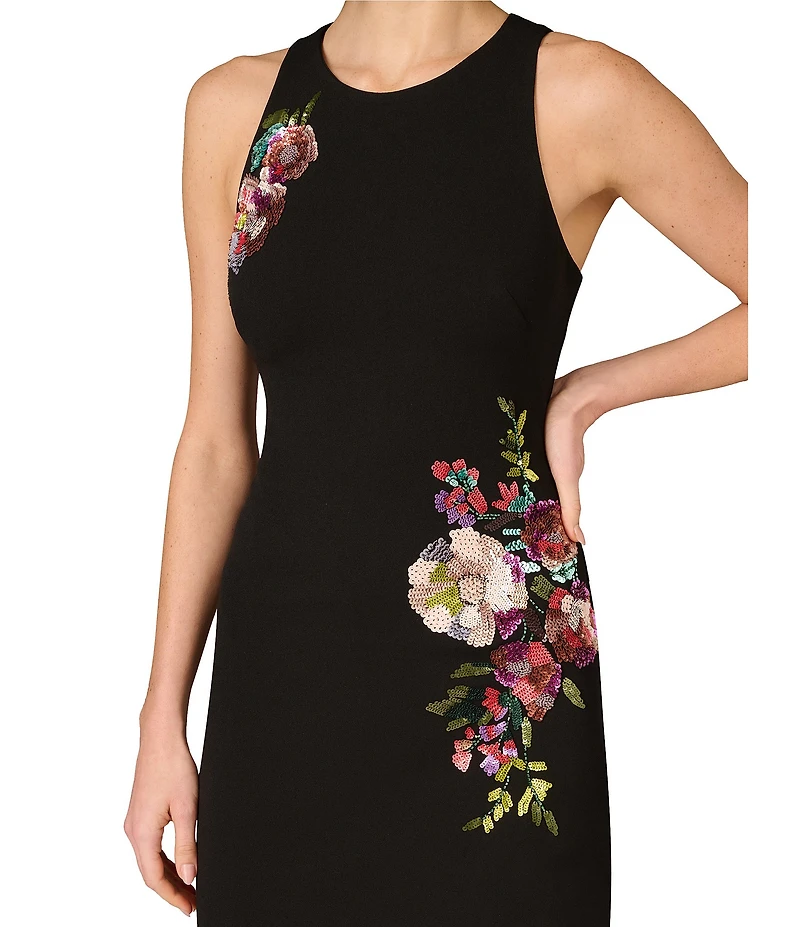 Aidan Mattox Round Neck Sleeveless Beaded Floral Crepe Sheath Dress