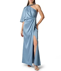Aidan Mattox Satin Crepe Back Asymmetrical One Shoulder Beaded Neck Short Sleeve Side Twist Column Gown