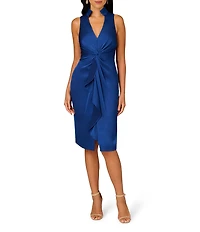 Aidan Mattox Satin Crepe Back Point Collar V-Neck Sleeveless Front Twist Cascade Ruffle Sheath Dress