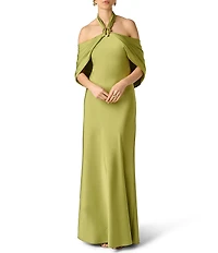 Aidan Mattox Satin Halter Draped Long Dress With Hardware