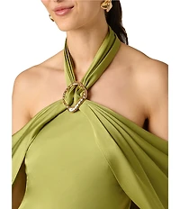Aidan Mattox Satin Halter Draped Long Dress With Hardware