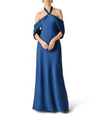 Aidan Mattox Satin Halter Draped Long Dress With Hardware