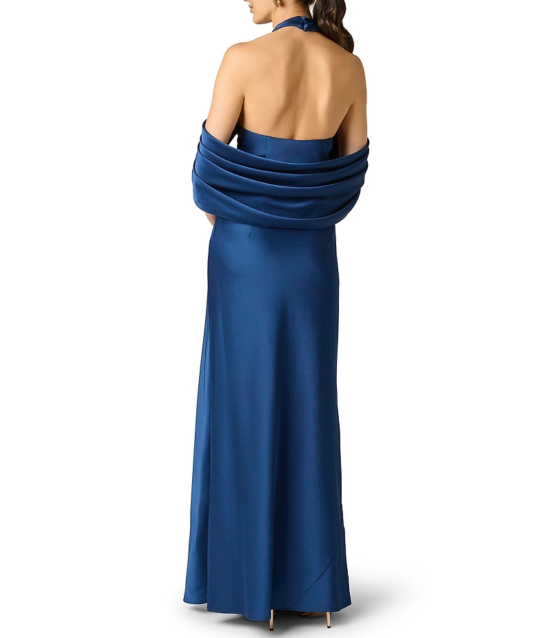 Aidan Mattox Satin Halter Draped Long Dress With Hardware