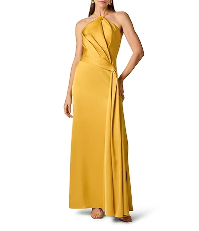 Aidan Mattox Satin Halter Hardware Neckline Pleated Bodice Sheath Dress