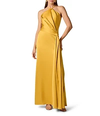 Aidan Mattox Satin Halter Hardware Neckline Pleated Bodice Sheath Dress
