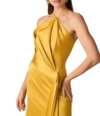 Aidan Mattox Satin Halter Hardware Neckline Pleated Bodice Sheath Dress