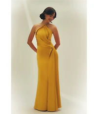 Aidan Mattox Satin Halter Hardware Neckline Pleated Bodice Sheath Dress
