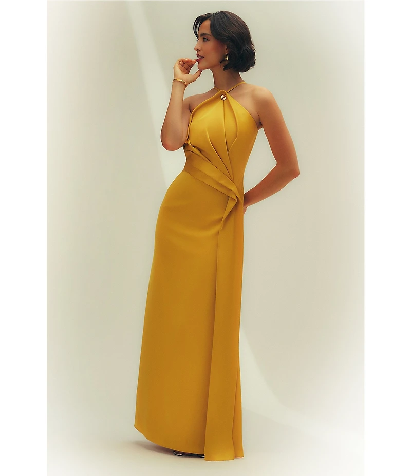 Aidan Mattox Satin Halter Hardware Neckline Pleated Bodice Sheath Dress