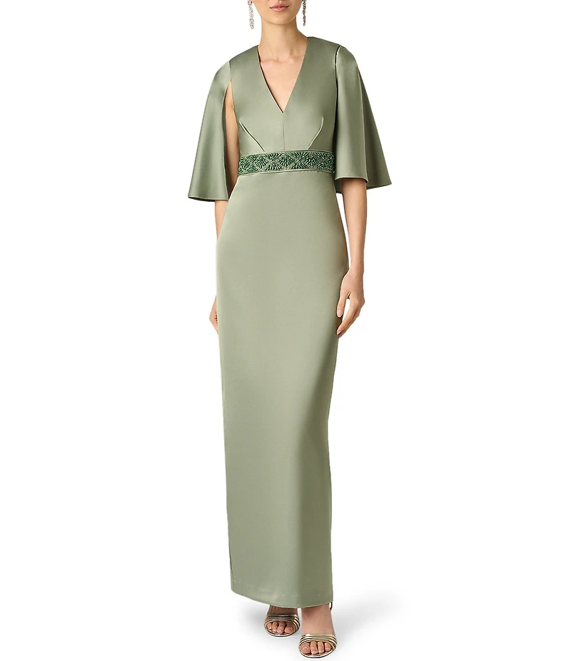 Aidan Mattox Satin Long Dress With Cape Like Elbow Sleeves and Beaded Belt