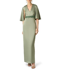 Aidan Mattox Satin Long Dress With Cape Like Elbow Sleeves and Beaded Belt