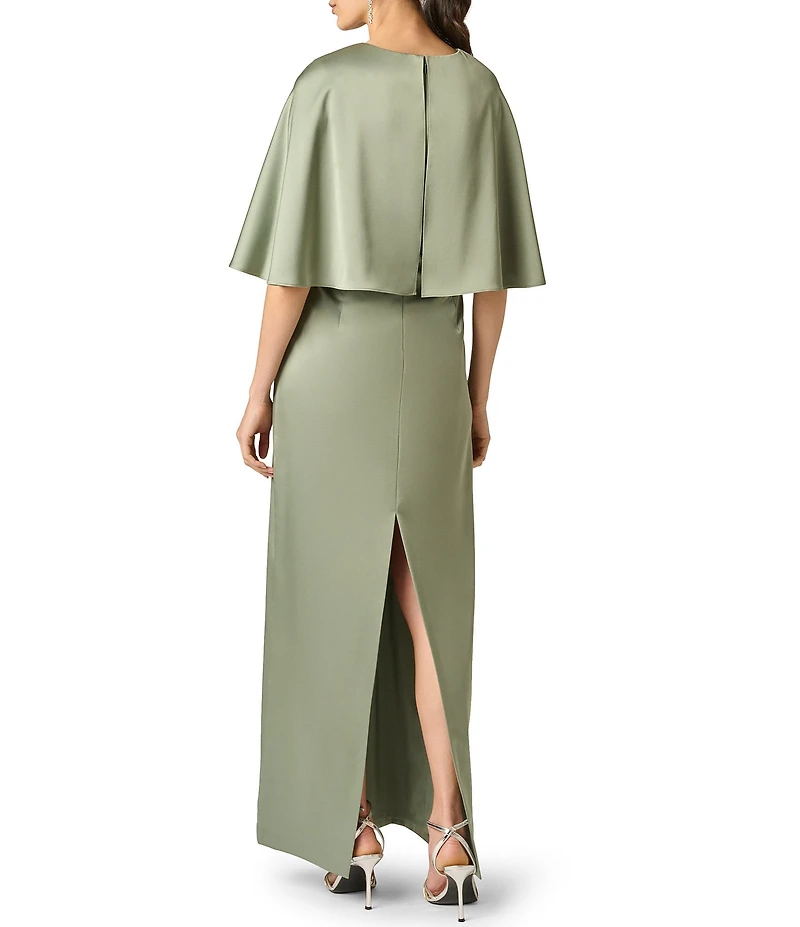 Aidan Mattox Satin Long Dress With Cape Like Elbow Sleeves and Beaded Belt