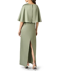 Aidan Mattox Satin Long Dress With Cape Like Elbow Sleeves and Beaded Belt