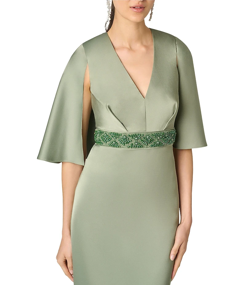 Aidan Mattox Satin Long Dress With Cape Like Elbow Sleeves and Beaded Belt