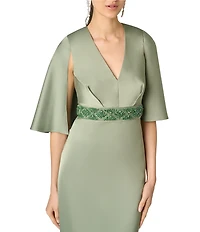 Aidan Mattox Satin Long Dress With Cape Like Elbow Sleeves and Beaded Belt