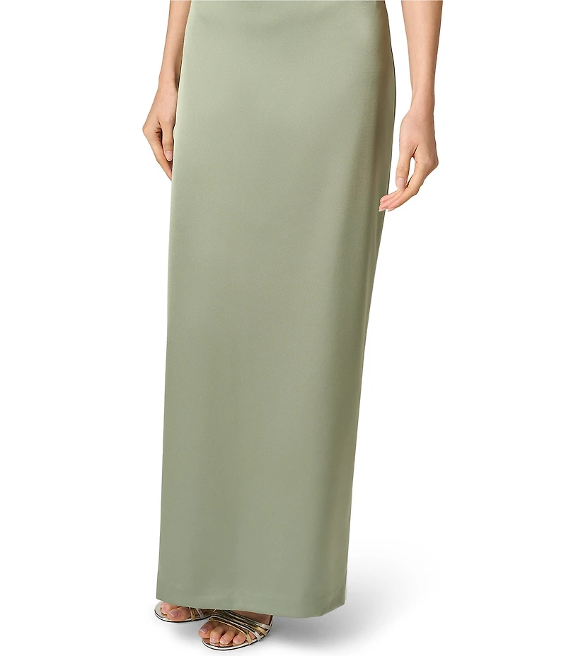 Aidan Mattox Satin Long Dress With Cape Like Elbow Sleeves and Beaded Belt