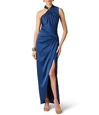 Aidan Mattox Satin Long Dress With Gathers and Hardware