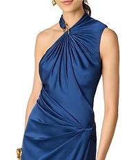 Aidan Mattox Satin Long Dress With Gathers and Hardware