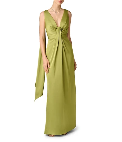 Aidan Mattox Satin Long Dress With Twisted Front and Sash Detail