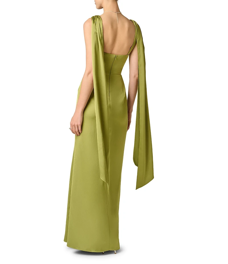 Aidan Mattox Satin Long Dress With Twisted Front and Sash Detail