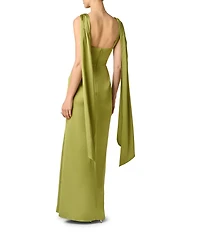 Aidan Mattox Satin Long Dress With Twisted Front and Sash Detail
