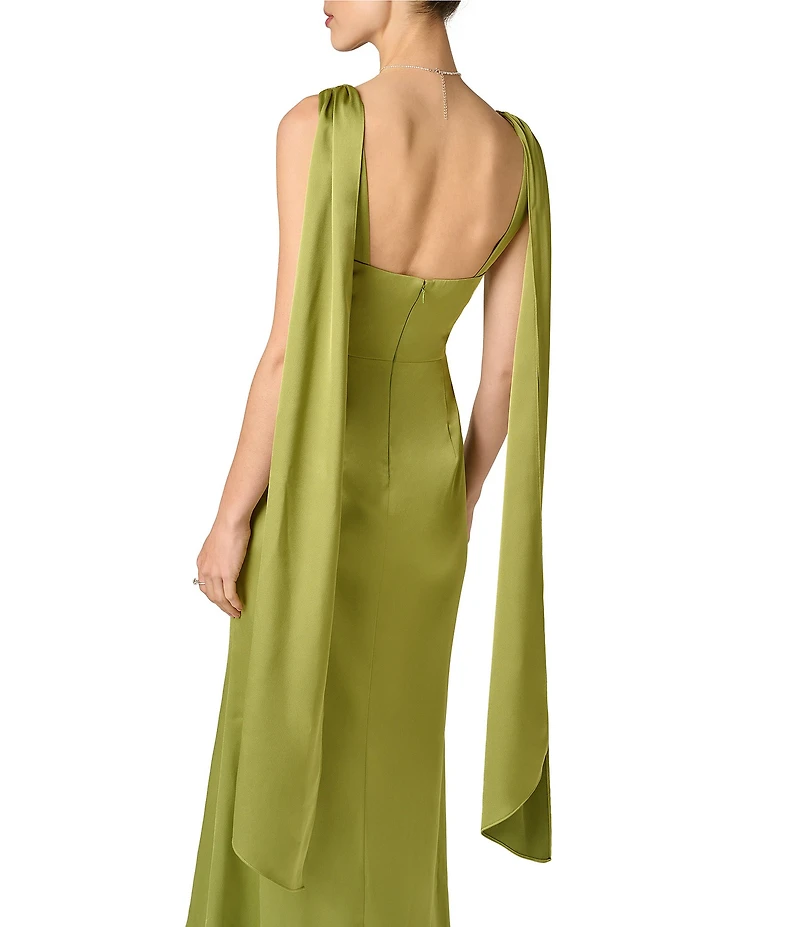 Aidan Mattox Satin Long Dress With Twisted Front and Sash Detail