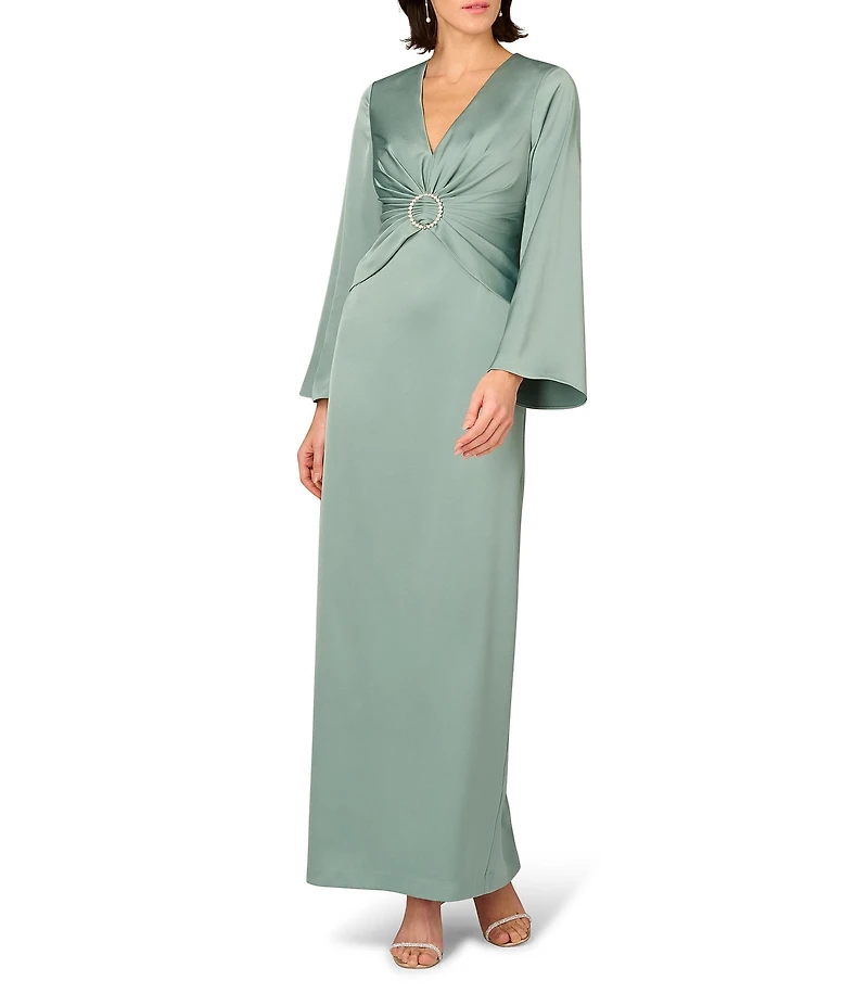 Aidan Mattox Satin Long Flare Sleeve V Neck Waist Cinch Gown
