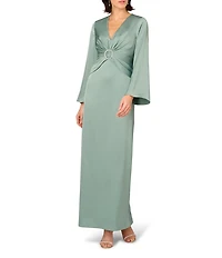 Aidan Mattox Satin Long Flare Sleeve V Neck Waist Cinch Gown