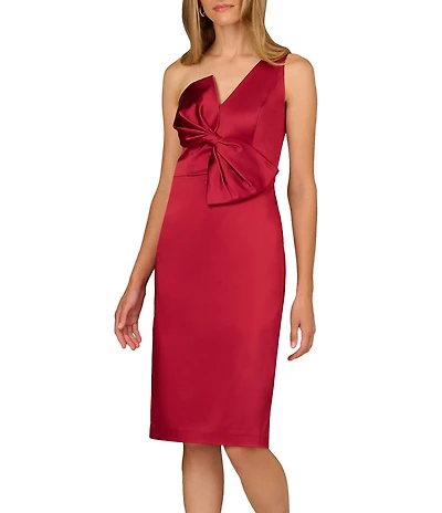 Aidan Mattox Satin One Shoulder Front Bow Sheath Midi Dress