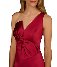 Aidan Mattox Satin One Shoulder Front Bow Sheath Midi Dress