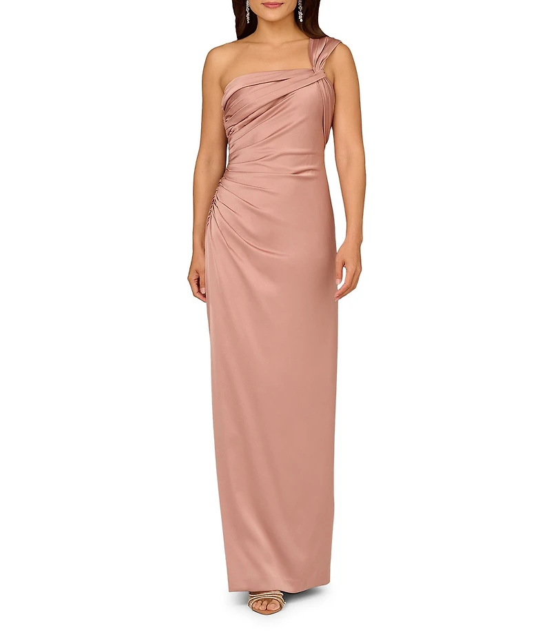 Aidan Mattox Satin One Shoulder Ruched Sheath Dress
