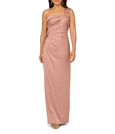 Aidan Mattox Satin One Shoulder Ruched Sheath Dress