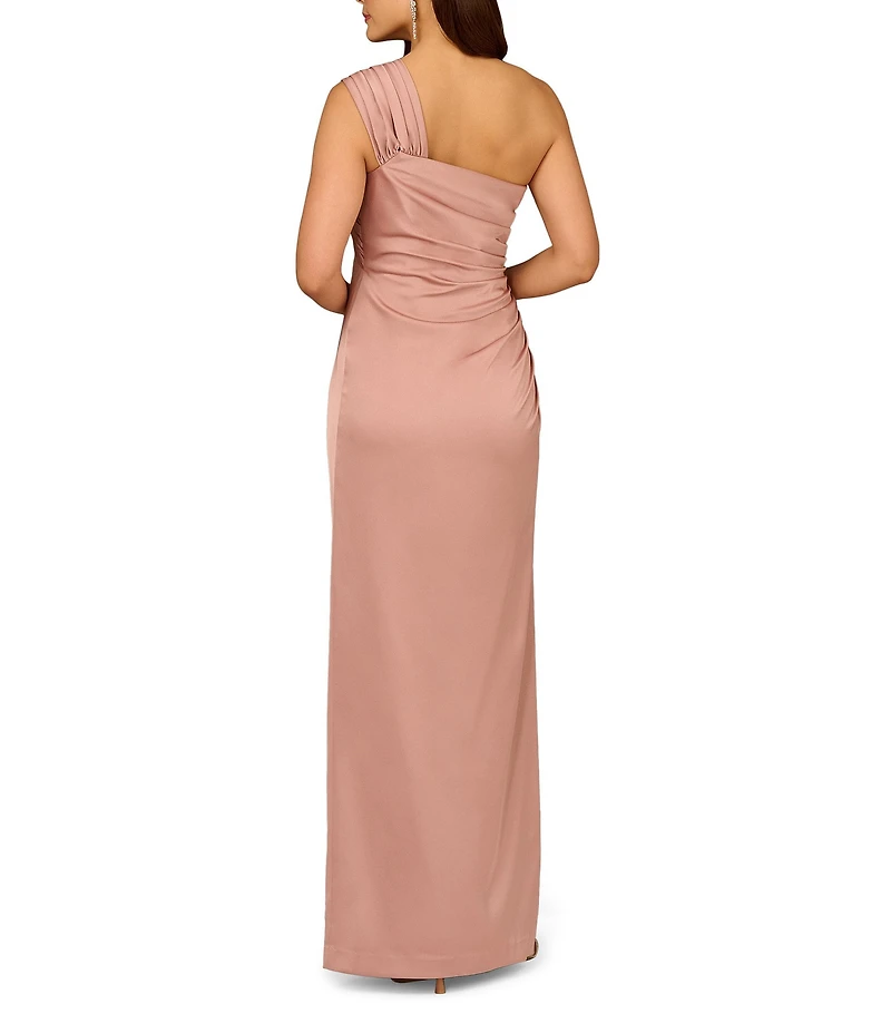 Aidan Mattox Satin One Shoulder Ruched Sheath Dress