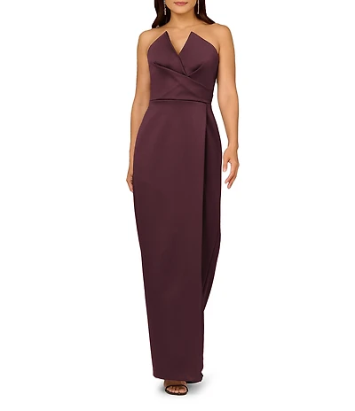 Aidan Mattox Satin Strapless Side Slit Sheath Dress